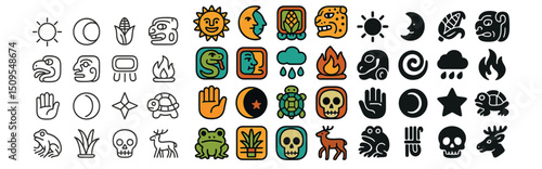 Mayan, aztec, inca icon collection: ancient symbols, glyphs, and deity set