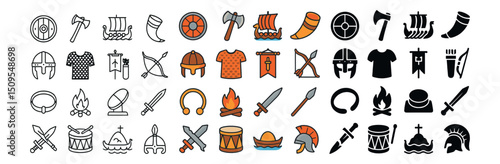 Viking and medieval icon collection: historic, ancient, nordic symbols set for design