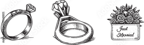 Two rings with a bouquet of flowers represent an engagement proposal.