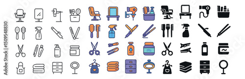 Salon and beauty tools icon collection. hairdressing, grooming, and styling essentials set