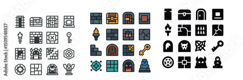 Dungeon and adventure icon collection with linear, flat and silhouette designs