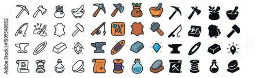 Crafting and tool icon collection: line, flat, colored elements for diy projects