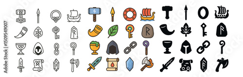 Viking norse mythology icon collection. ancient runes and legends symbol set