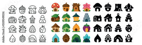 Fairy tale lodges icon collection in linear, silhouette, and color styles