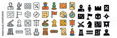 Strategy and board game icon collection: chess, dice, and knight symbols
