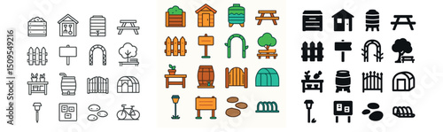 Garden and outdoor icon collection. landscape, backyard, and patio design symbols