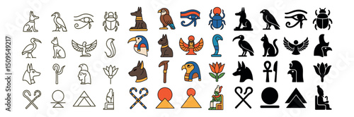 Ancient egypt icon collection: hieroglyphs, symbols, and deities set in vibrant designs