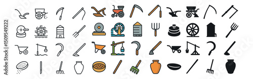 Gardening tools icon collection featuring outline, color, and filled designs
