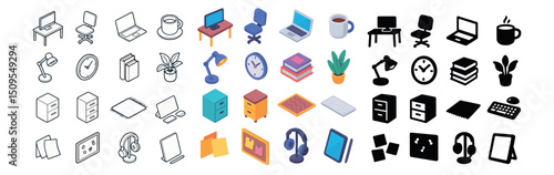 Office essentials, flat and isometric icon collection. workspace and productivity set