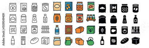 Food and beverage icon collection with grocery, pantry, and drink essentials