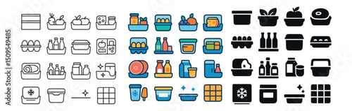 Food storage and organization icon collection. containers, jars, and labels set