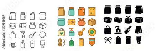 Sustainable packaging icon collection: eco, recyclable, and zero-waste symbols