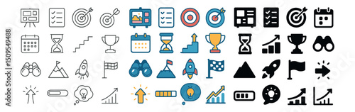 Business strategy and planning icon collection. growth, target, and chart symbols set
