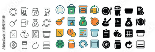 Waste management icon collection with recycling, disposal, and garbage symbols