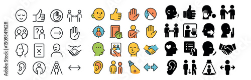 Communication and interaction icon collection: hand gestures, expressions, and signs set
