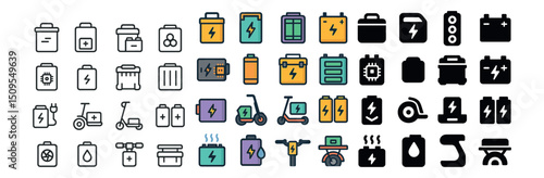 Battery and energy icon collection in flat, linear, and silhouette styles
