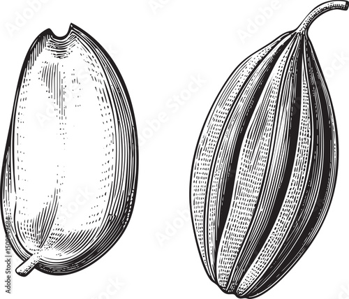 Two stylized cacao beans are displayed in a black and white .