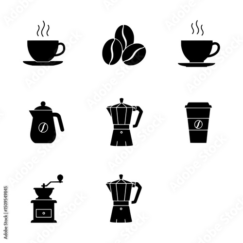 Minimalist Black Coffee Icons Representing Coffee Culture, Preparation, and Enjoyment in Simple Graphic Representations
