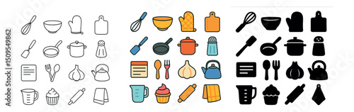 Kitchen tools and cooking icon collection: line, flat, silhouette styles for chefs