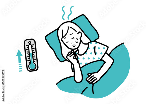 Illustration of a woman who has difficulty sleeping on a tropical night.
