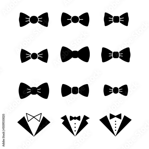 Collection of Black Bow Tie Icons Representing Formal Wear and Style