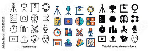 Tutorial setup icon collection: video, audio, and equipment symbols for content creation
