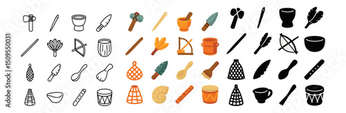 Prehistoric tools icon collection: ancient, primitive, and archaeology symbols set