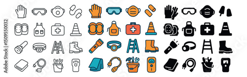 Safety and construction icon collection: flat, outline, and filled design set