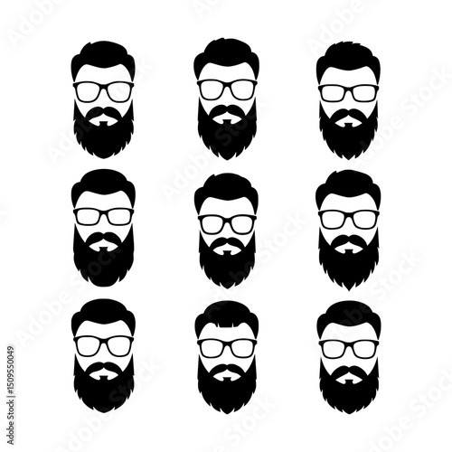 Collection of Black Bearded Men with Glasses Representing Hipster Style and Masculinity