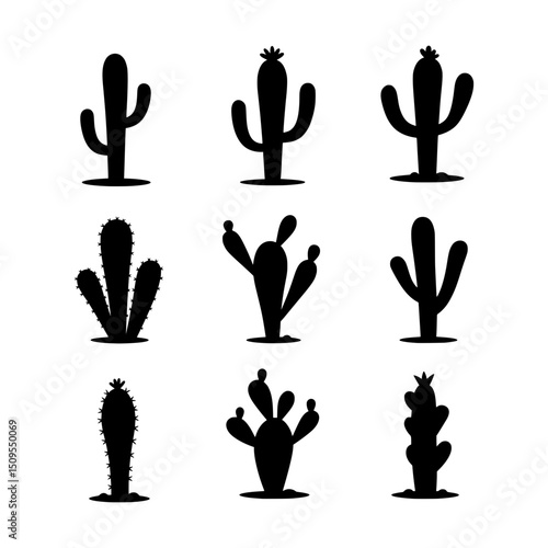 Assortment of Minimalist Black Cactus Silhouettes Representing Desert Flora and Southwestern Botany in Simple Graphic Forms