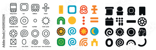 Mayan calendar icon collection: ancient symbols, glyphs, and cultural icons set