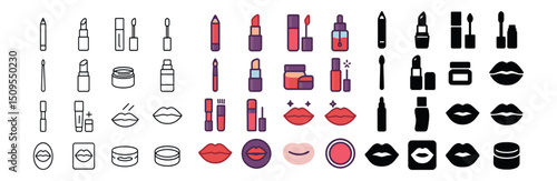 Cosmetic and beauty icon collection for skincare, makeup, and wellness. diverse design set