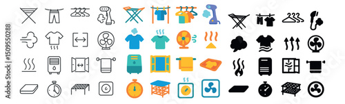 Laundry and drying icon collection: clothes, hangers, and steam symbols