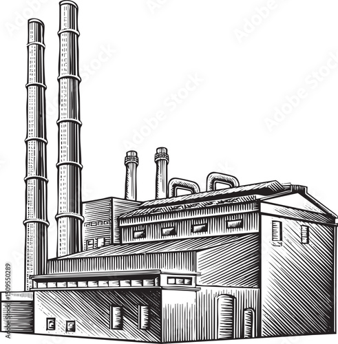 large industrial building features tall smokestacks emitting plumes of smoke.