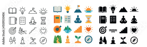 Education and mindfulness icon collection. study, meditation, and zen symbols set