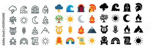 Mythology and nature icon collection: flat, silhouette, and linear symbols set