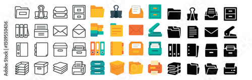 Office essentials icon collection: organizational, filing and stationery symbols set