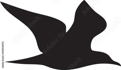 silhouetted bird soars gracefully through a white expanse.