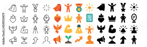 Heroic achievements icon collection: badge, reward, and success symbols for design