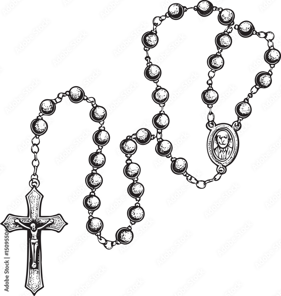detailed black rosary with a crucifix hangs against a white background. detailed black rosary with a crucifix hangs against a white background.