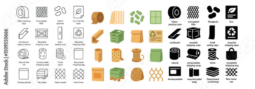 Eco-friendly packaging icon collection: sustainable, reusable, and compostable designs