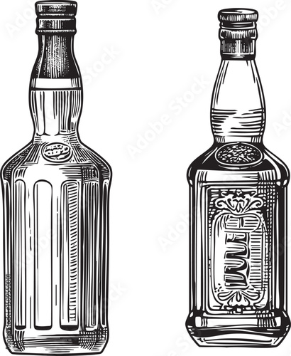 Two antique glass bottles stand side-by-side showcasing intricate detailing and classic shapes.