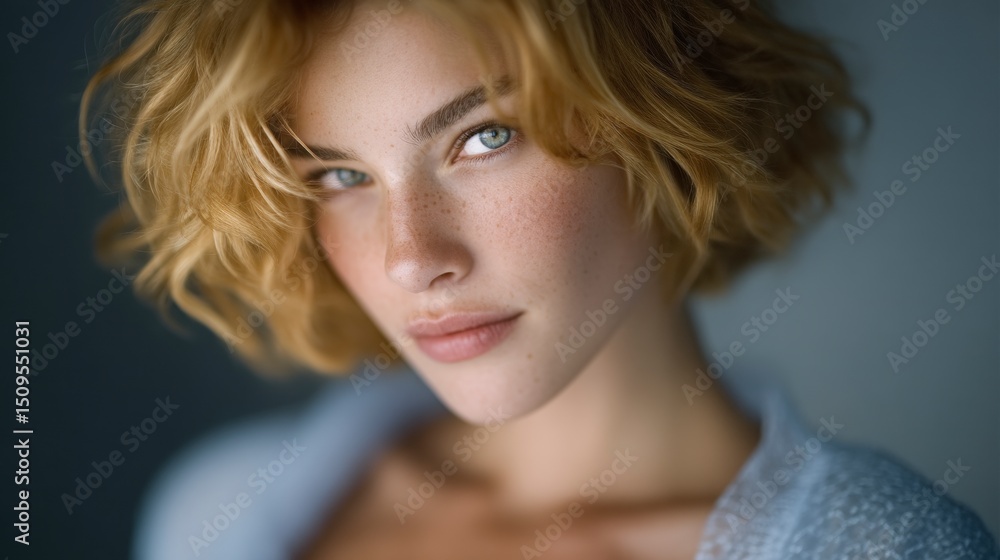 Naklejka premium Beautiful Woman Portrait Close up Blonde Hair Freckles Soft Light Neutral Background