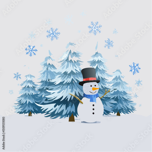 A peaceful winter-themed image with snowflakes, a snowman, and frosty trees in soft, icy tones.