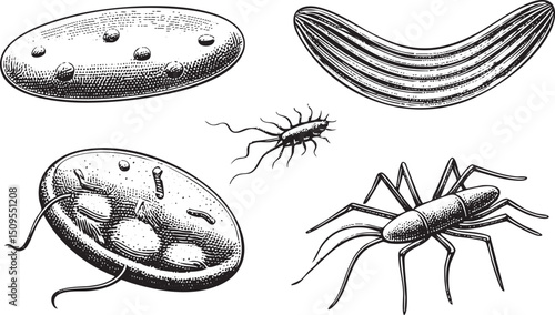 Four distinct microscopic organisms are depicted in a detailed black and white .
