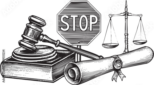 gavel rests upon a scroll and scales of justice.