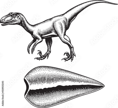 stylized raptor strides across a fossilized .