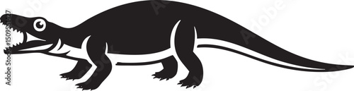 stylized black alligator stands alert poised to move.