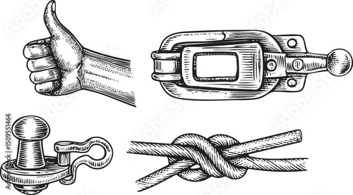 hand gives a thumbs-up gesture next to a ratchet and a rope knot.