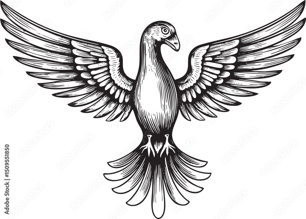 Obraz premium detailed black and white engraving depicts a soaring pigeon with outstretched wings.